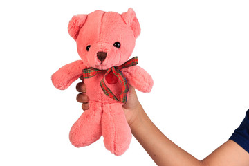 Hand holding teddy bear on white background. Concept of a friend and love.