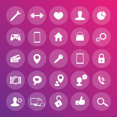 25 icons for web, apps development, websites, round transparent icons set, vector illustration