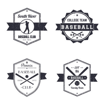 Baseball club, team vintage logo, badges, baseball player with bat, crossed baseball bats and ball, vector illustration