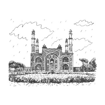 Main Gate to the Akbar's Tomb in Sikandra, a suburb of Agra, Uttar Pradesh, India. Vector freehand pencil sketch.