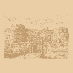 The Agra Fort, Agra, Uttar Pradesh, India. Vector freehand pencil sketch.