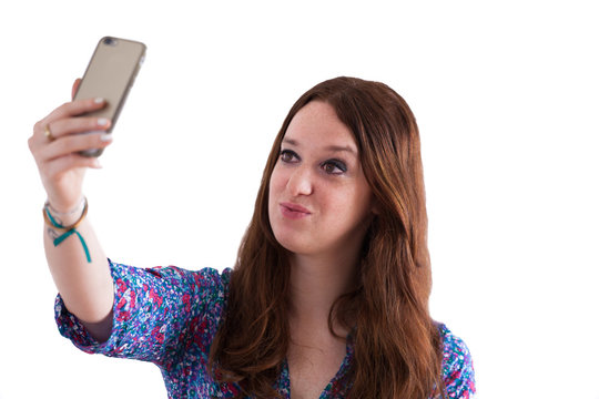 view a young attractive woman take a selfie