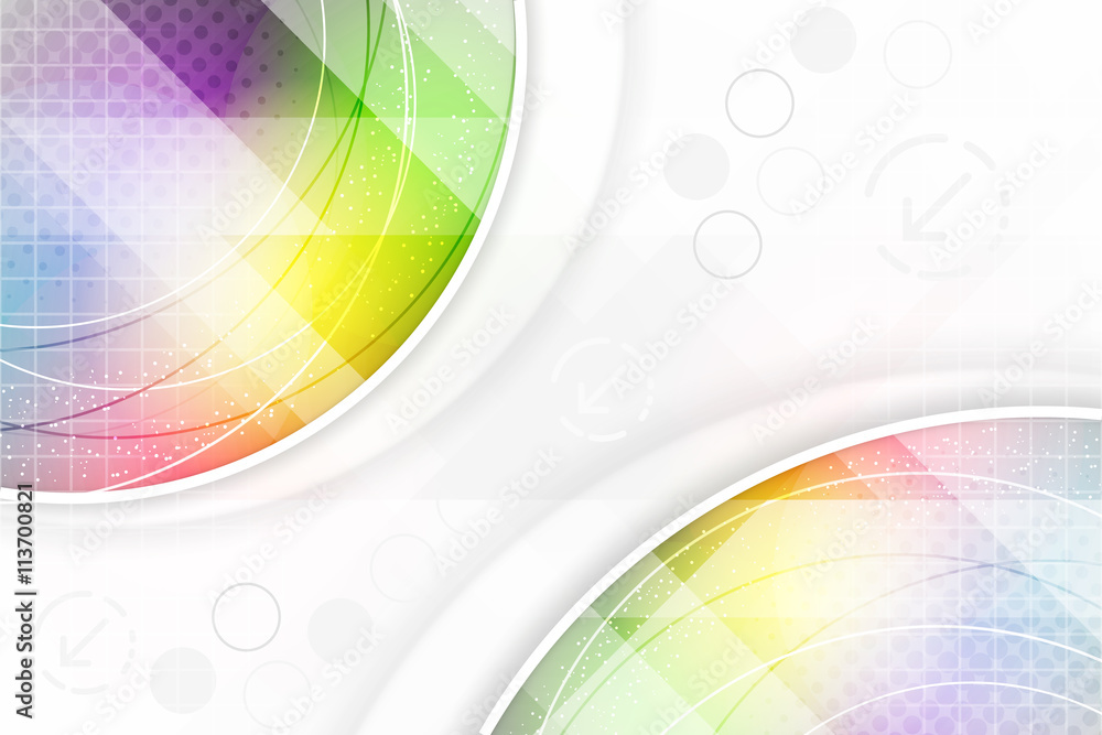 Poster abstract background in rainbow colors with circular elements and halftone effect.