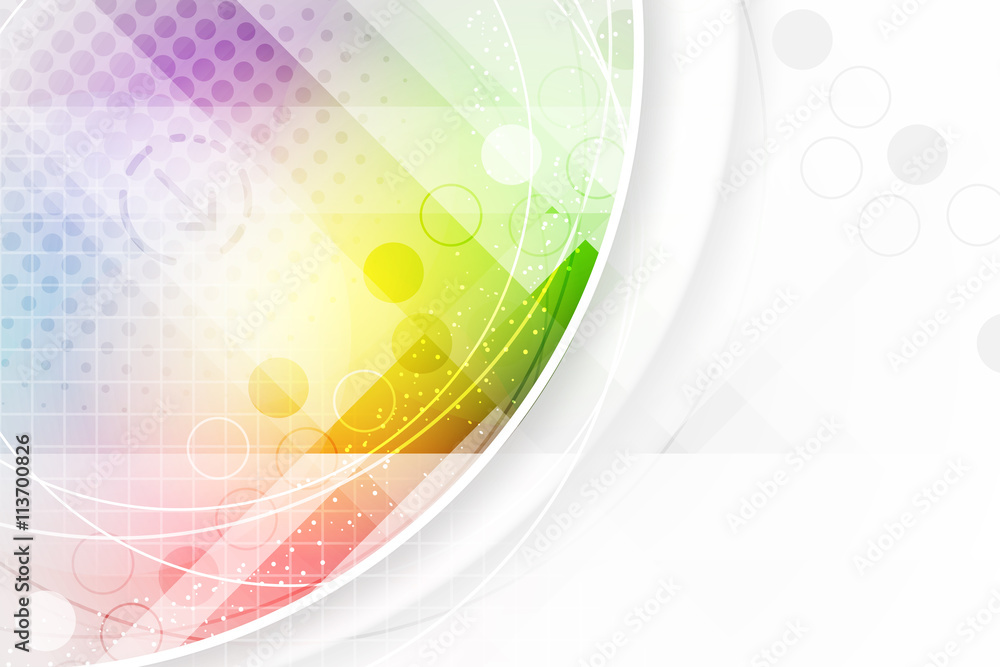 Poster abstract background in rainbow colors with circular elements and halftone effect.