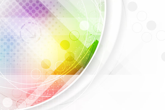 Abstract background in rainbow colors with circular elements and halftone effect.
