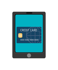 black electronic device with blue screen and blue credit card on the screen over isolated background, vector illustration 