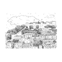 Cityscape of Lisbon, Portugal. View of Sao Jorge Castle at the top of the mountain. Vector freehand pencil sketch.