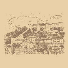 Cityscape of Lisbon, Portugal. View of Sao Jorge Castle at the top of the mountain. Vector freehand pencil sketch.