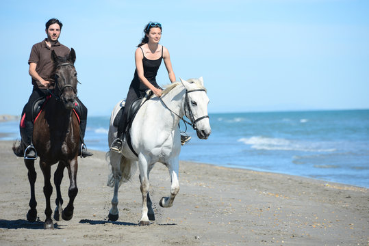 happy young couple vacation riding horses on the beach in sunny summer day