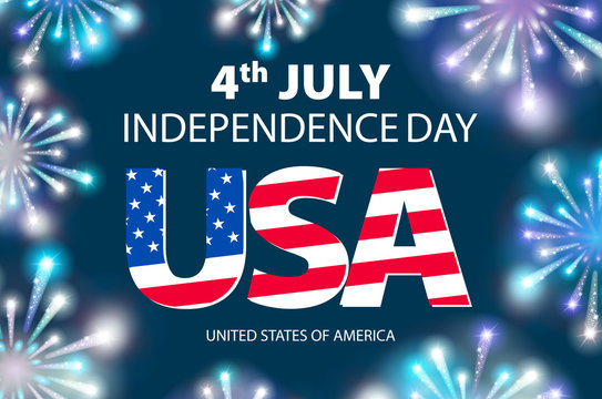 Independence day of the USA typographical background. Shining fireworks and place for text. vector