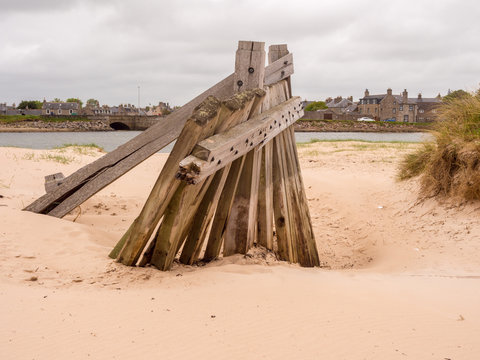 Wooden groynes on the beach at Lossiemouth, Morray Firth, Scotland, UK,