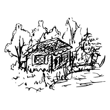 Black and white village house sketched line art vector