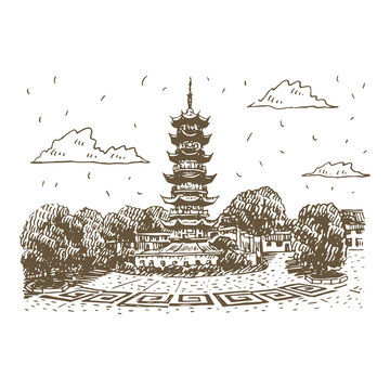 recommend clip art: Old Longhua Pagoda in Shanghai, China. Vector freehand pencil sketch.