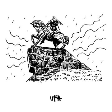 The Monument to Salavat Yulaev in Ufa, Bashkortostan, Russia. Vector freehand pencil sketch.