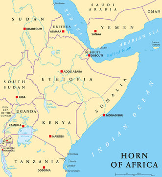 Horn of Africa peninsula political map with capitals, national borders, important cities, rivers and lakes. In ancient times called Land of the Berbers. English labeling and scaling. Illustration.