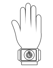 cartoon human hand wearing square watch with circle on the screen and stopwatch icon over isolated background, vector illustration