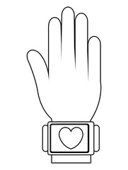 cartoon human hand wearing square watch with heart icon on the screen over isolated background, vector illustration