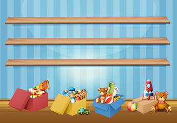 Empty shelves and toys on the floor