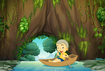 Obraz na płótnie Canvas Boy rowing boat on the river