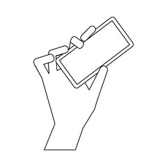 Cell phone in hand icon, outline style