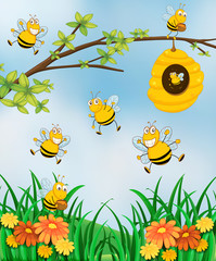 Scene with bees and beehive in garden
