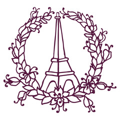 Hand drawing Eiffel Tower and Floral wreath. Pray for Paris.