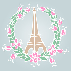 Hand drawing Eiffel Tower and Floral wreath. Pray for Paris.