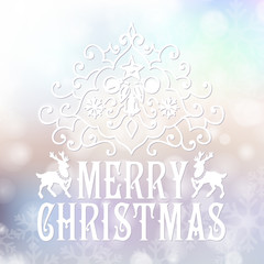 Naklejka na ściany i meble Merry Christmas congratulations card on blurry snowfall background. 