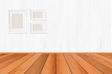 Wooden empty picture frame and white background showing a business presentation templates .