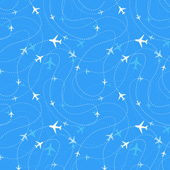 Airline routes with planes in blue skies, seamless pattern
