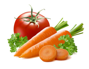 Whole tomato carrot pieces vegetable isolated on white background as package design element