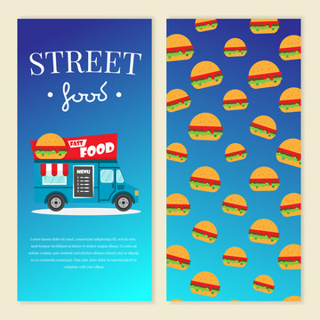 Street food truck vector illustration. burger van delivery. Flat banner, flyer. Brochure design template vector with price and text