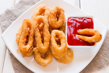 white plate with sauce and squid rings