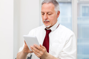 Portrait of a businessman using a tablet in his office