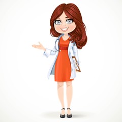 Beautiful cartoon female doctor with brunette hair in a white me