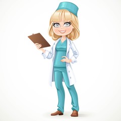 Fototapeta premium Beautiful girl doctor in surgeon costume and medical coat holdin