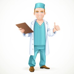 Cute doctor in surgical suit and white lab coat holding a medica