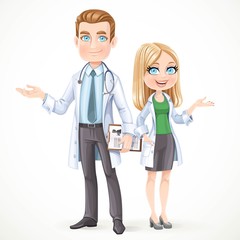 Obraz premium Cute male and womam doctor in a white coat with planchette with