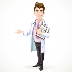 Cute male doctor in a shirt and tie and medical coat invites to