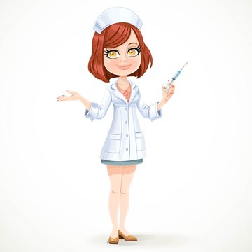 Cute girl nurse in white medical coat preparing make an injectio