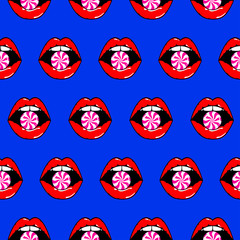 Pattern of woman red lips with candy