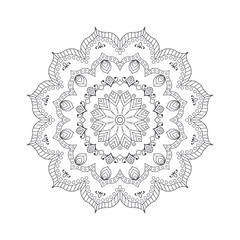 Hand drawn flower mandala for coloring book. Black and white ethnic henna pattern. Indian, asian, arabic, islamic, ottoman, moroccan motif. Vector illustration.