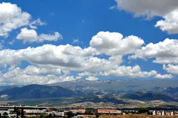 blue sky, clouds and mountains