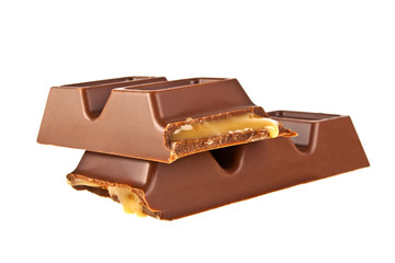 Chocolate bar with caramel isolated on white background