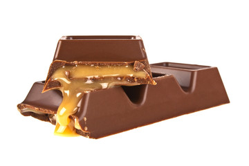 Chocolate bar with caramel isolated on white background