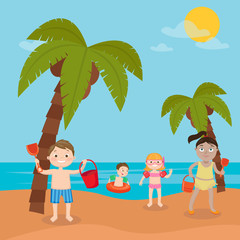 Children Sea Vacation. Girls and Boys Playing and Swimming on the Beach. Vector illustration