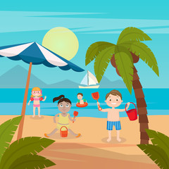 Obraz na płótnie Canvas Children Sea Vacation. Girls and Boys Playing and Swimming on the Beach. Vector illustration