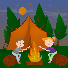 Children Summer Camp. Boy and Girl sitting by Fireplace. Bonfire with Marshmallow. Vector illustration