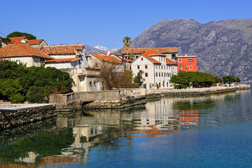 Fototapeta na wymiar Waterfront of the small town of Prcanj along the Bay of Kotor, Montenegro