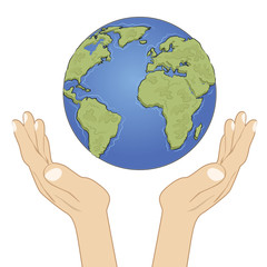 Hands holding earth globe with care. Ecology concept